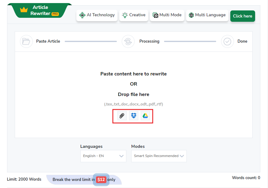 Paraphrasing tool input box